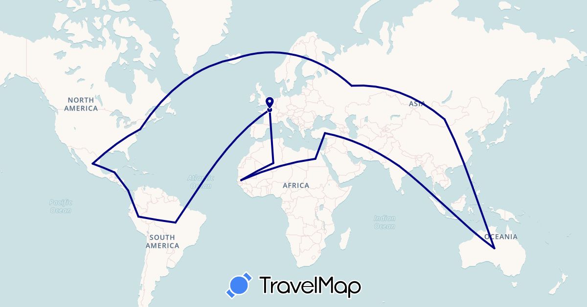 TravelMap itinerary: driving in Australia, Brazil, China, Algeria, Egypt, France, India, Iceland, Mexico, Panama, Peru, Russia, Senegal, Turkey, United States (Africa, Asia, Europe, North America, Oceania, South America)